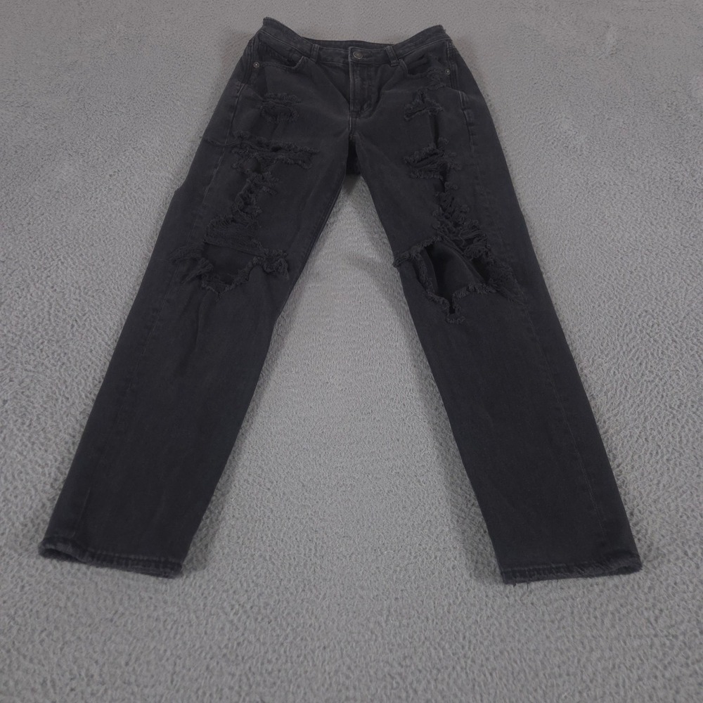 American Eagle Jeans Womens 4 Black Mom Jean Distressed Tapered Leg Denim